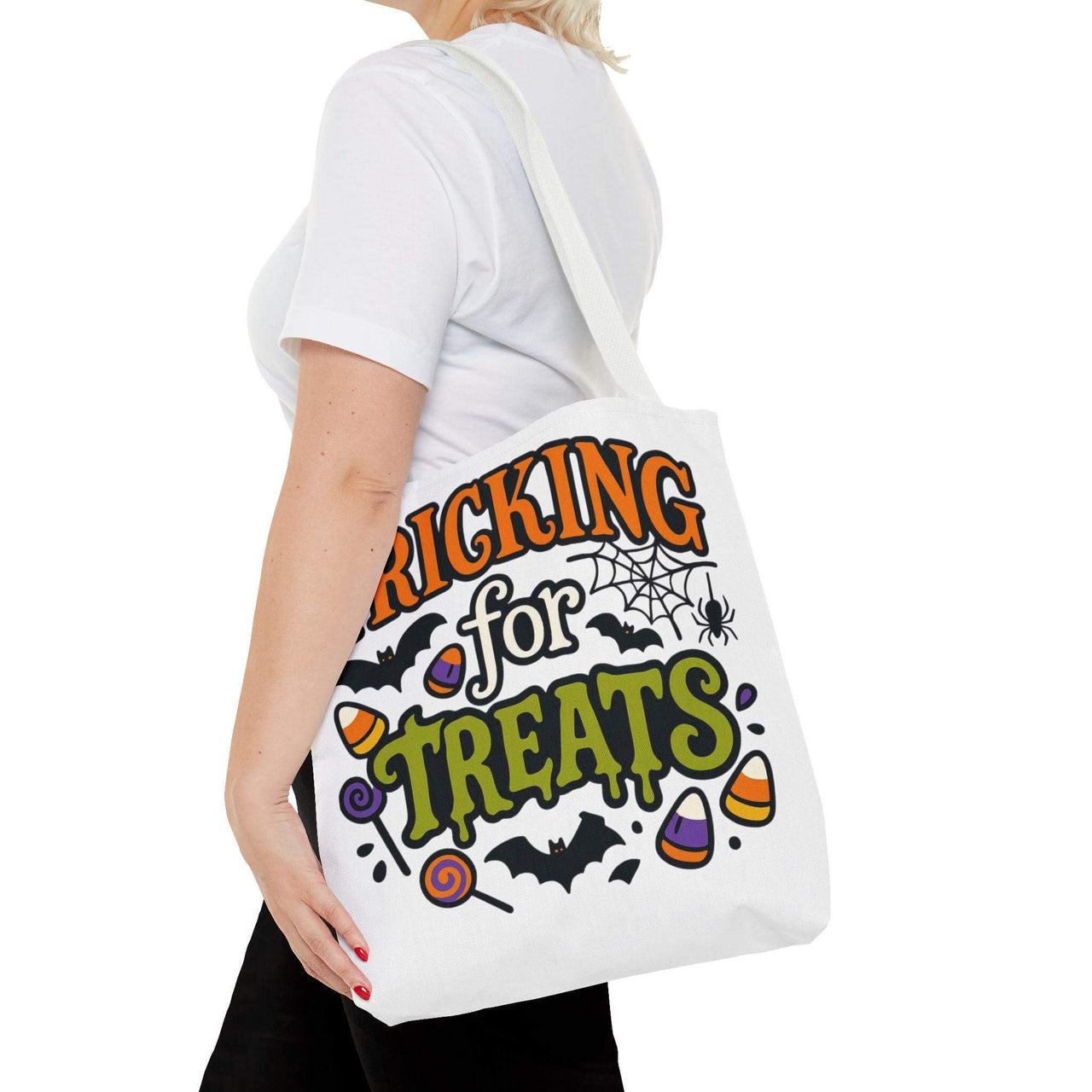 Tricking for Treats Halloween Tote Bag | Festive Fall Carryall with Spooky Candy & Bat Design