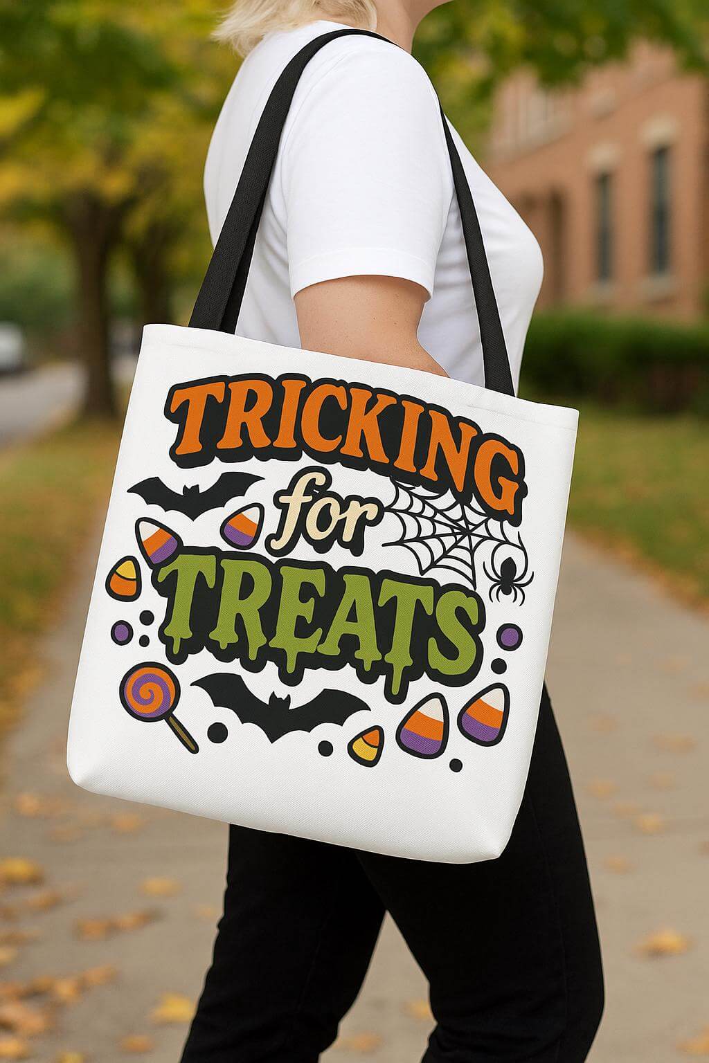 Tricking for Treats Halloween Tote Bag | Festive Fall Carryall with Spooky Candy & Bat Design