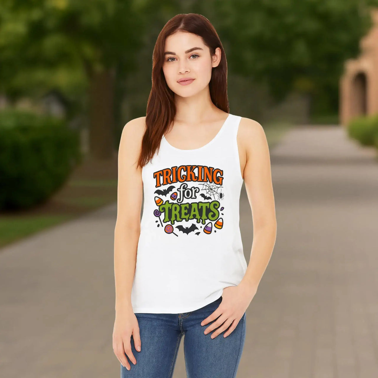 Tricking for Treats Halloween Tank Top | Unisex Jersey Sleeveless Shirt for Spooky Fun & Fall Parties