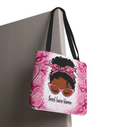 Tote bag with a design of a woman wearing sunglasses and a headband, with 'Breast Cancer Warrior' text, on a pink background.