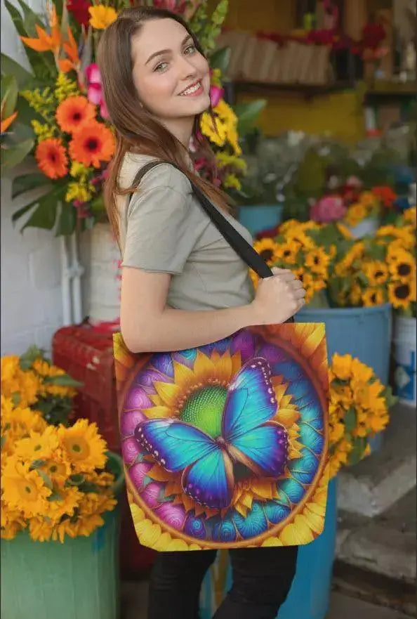 Woman holding a colorful tote bag with a butterfly design in a floral setting.