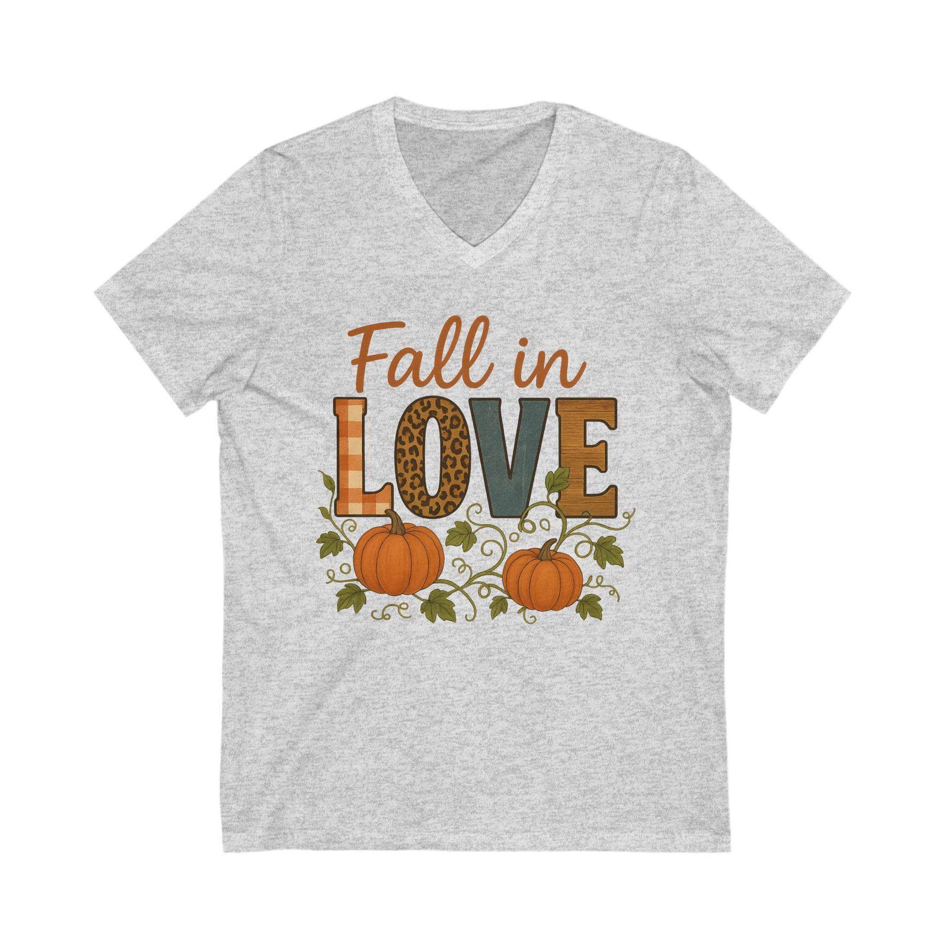 Gray t-shirt with 'Fall in Love' text and pumpkins on a white background