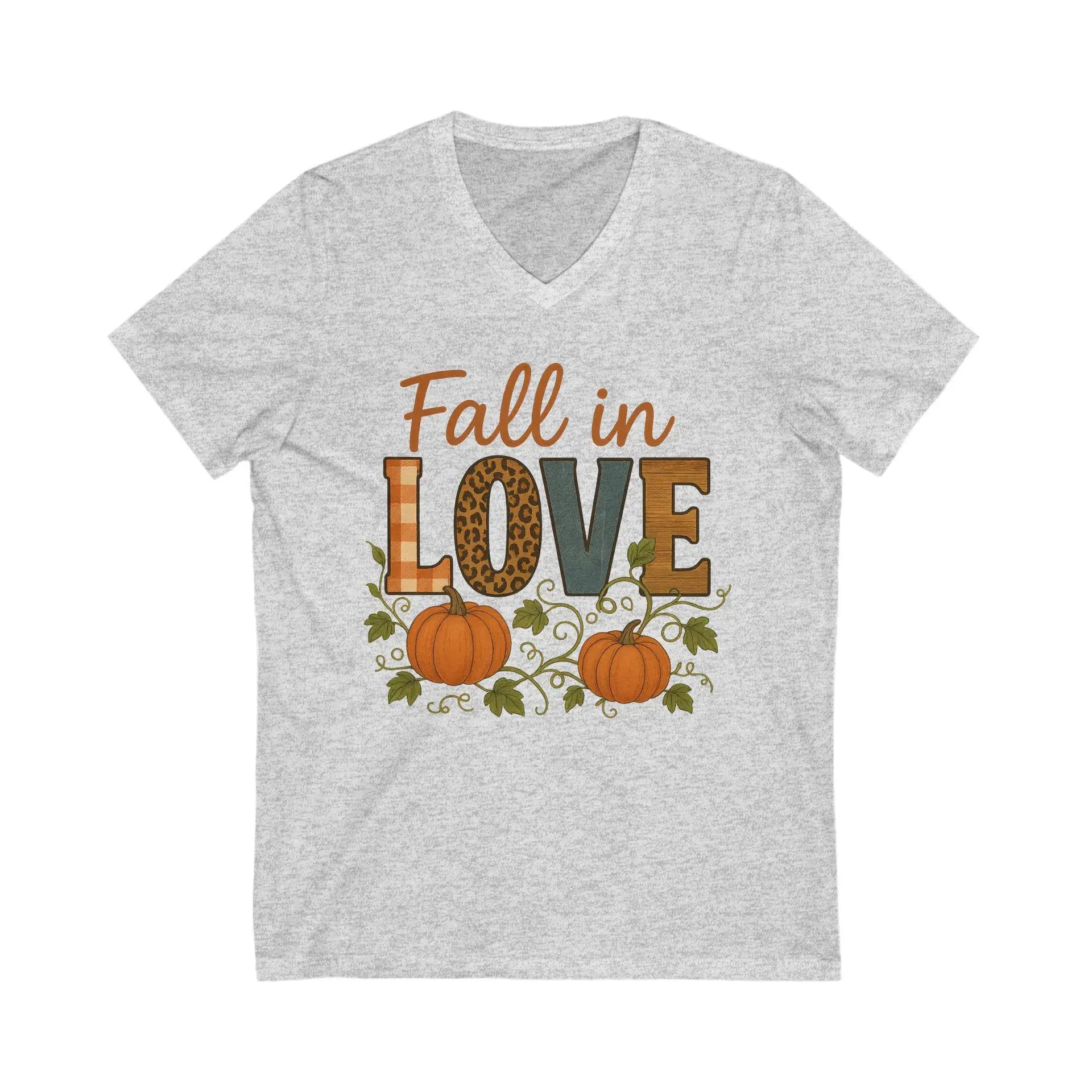 Gray t-shirt with 'Fall in Love' text and pumpkins on a white background