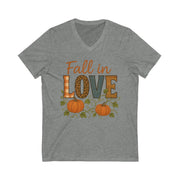 Gray t-shirt with 'Fall in Love' text and pumpkins on a white background