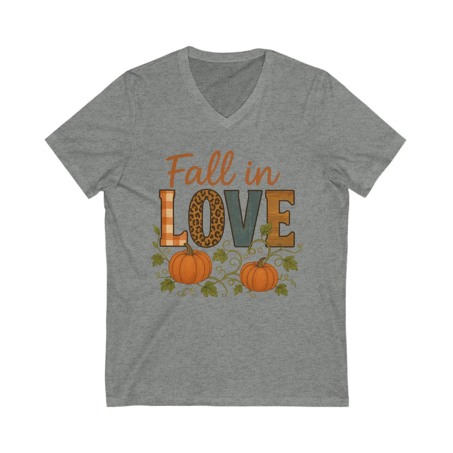 Gray t-shirt with 'Fall in Love' text and pumpkins on a white background
