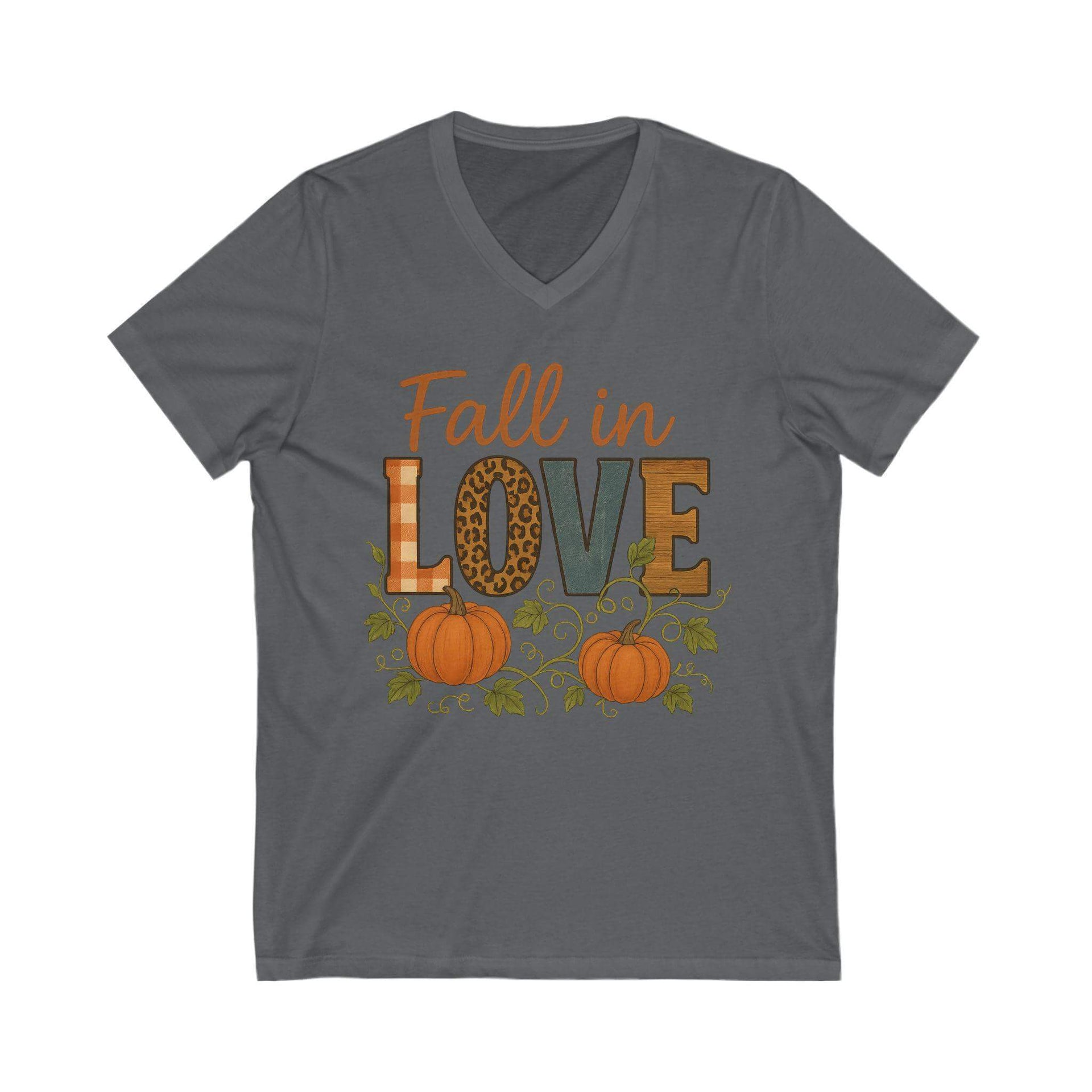 Gray t-shirt with 'Fall in Love' text and pumpkins on a white background