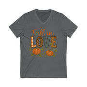 Gray t-shirt with 'Fall in Love' text and pumpkins on a white background