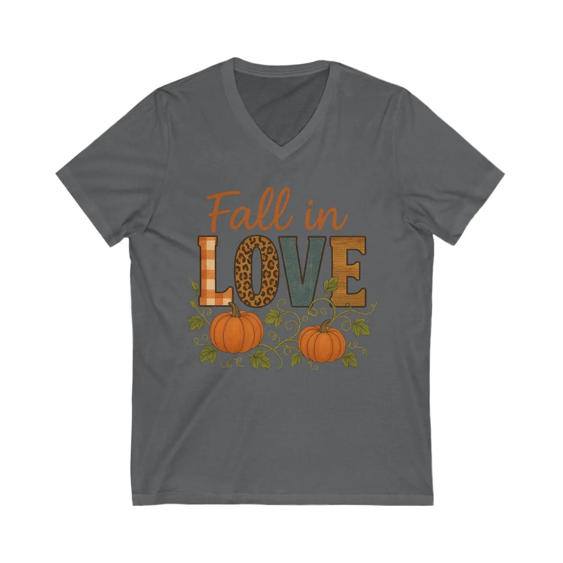Gray t-shirt with 'Fall in Love' text and pumpkins on a white background