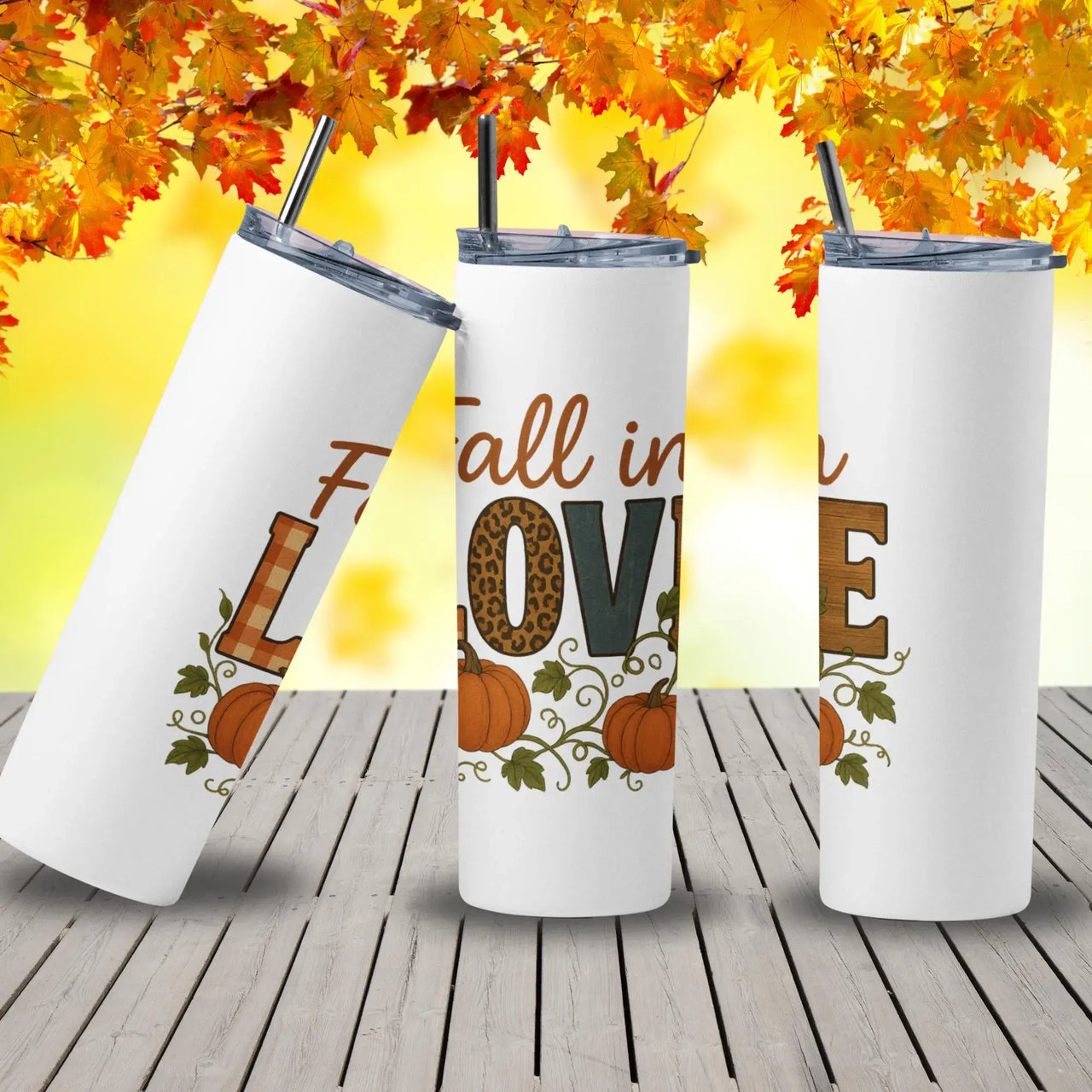 Fall in Love Pumpkin Tumbler | 20oz Stainless Steel Cup with Autumn Leaves & Buffalo Plaid