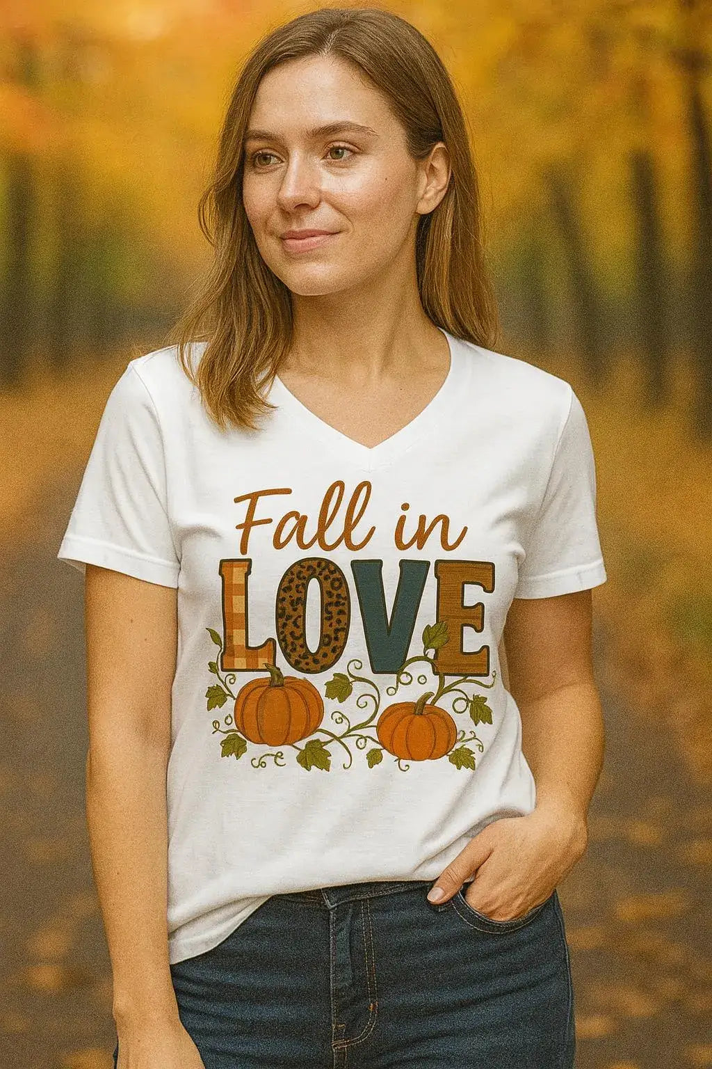Woman wearing a white t-shirt with 'Fall in Love' and pumpkin design, standing in an autumn setting.