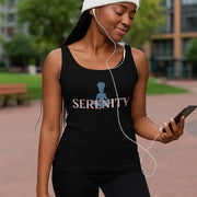 Woman wearing a black tank top with 'Serenity' text and listening to music outdoors.