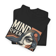 Folded black t-shirt with 'MIND OVER' design on a white background