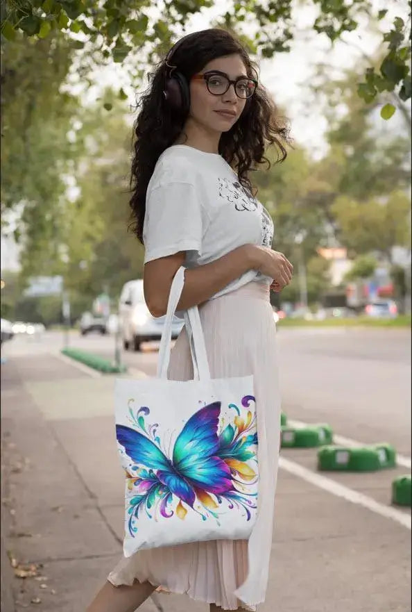 Model holding Rainbow Flutter Tote Bag with colorful butterfly design