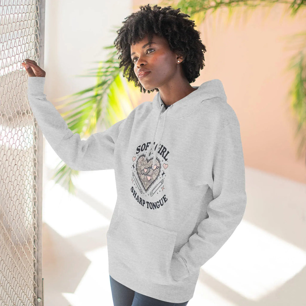 Unisex fleece hoodie – Soft Girl Sharp Tongue design with lace heart & safety pin, statement streetwear