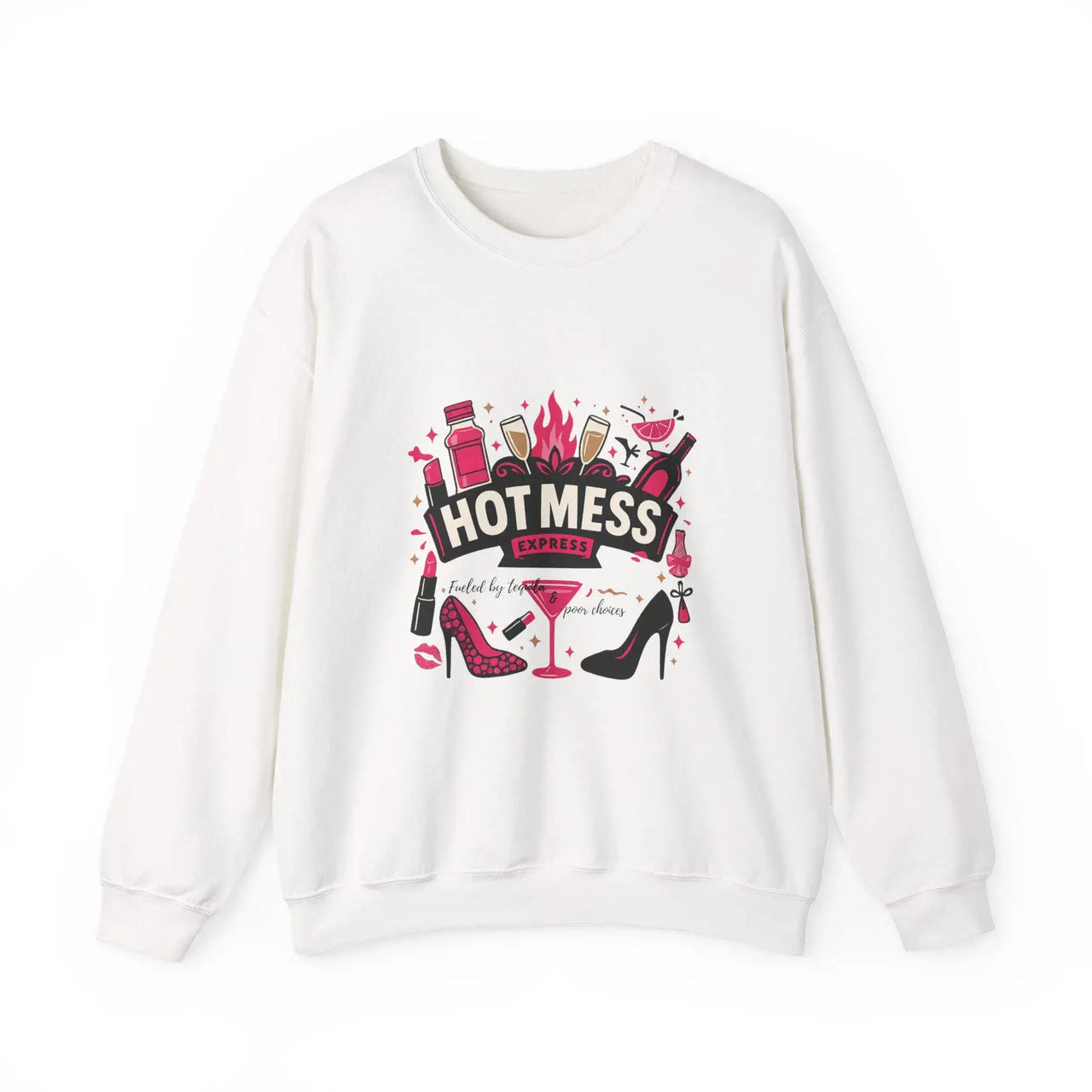 White sweatshirt with 'Hot Mess' graphic design on a white background