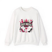 White sweatshirt with 'Hot Mess' graphic design on a white background