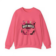 Pink sweatshirt with graphic design and text on a white background