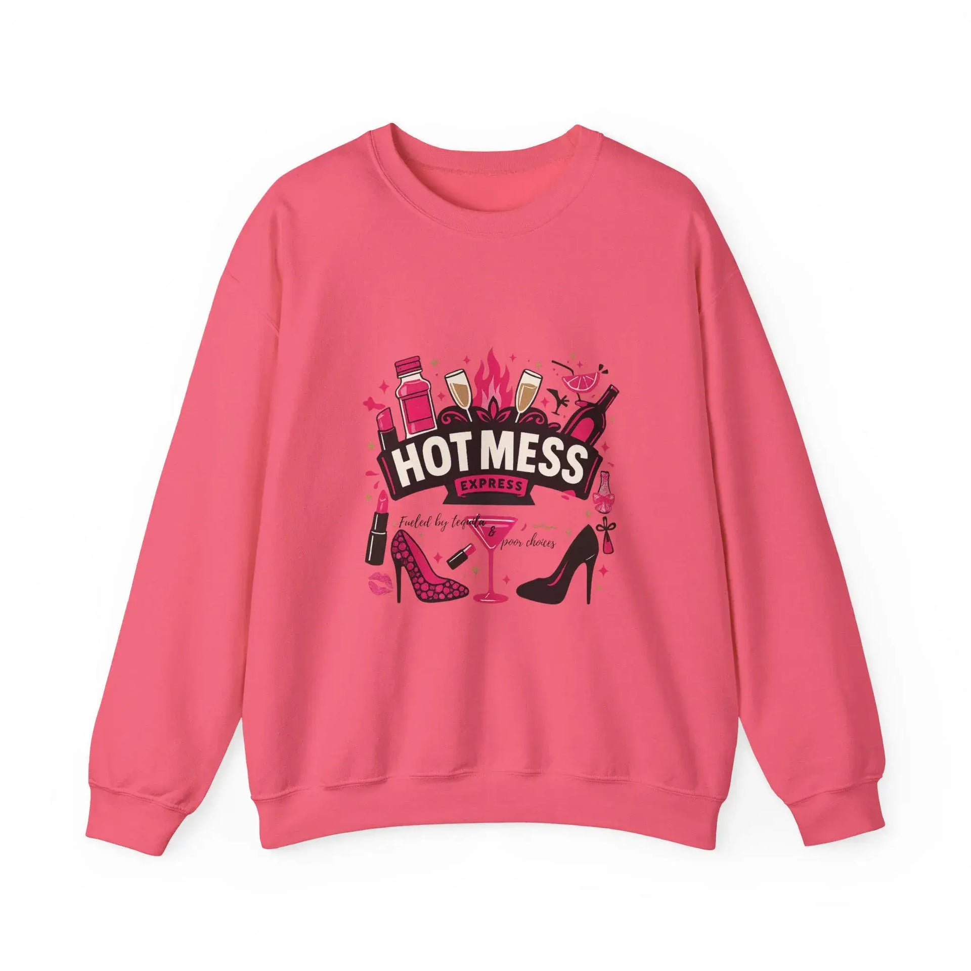 Pink sweatshirt with graphic design and text on a white background