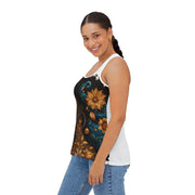 Woman wearing a tank top with floral design on a white background