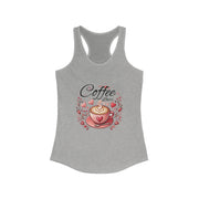Gray tank top with a 'Coffee Lover' design featuring a coffee cup and hearts on a white background.
