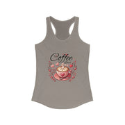 Gray tank top with a coffee-themed design on a white background