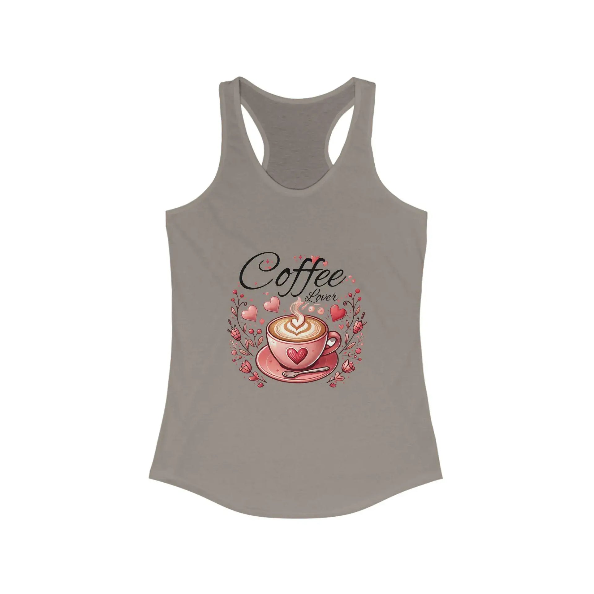 Gray tank top with a coffee-themed design on a white background