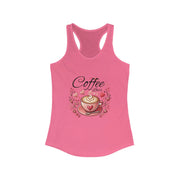 Pink tank top with a coffee-themed graphic on a white background