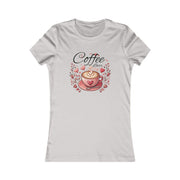 White t-shirt with a coffee-themed design on a white background