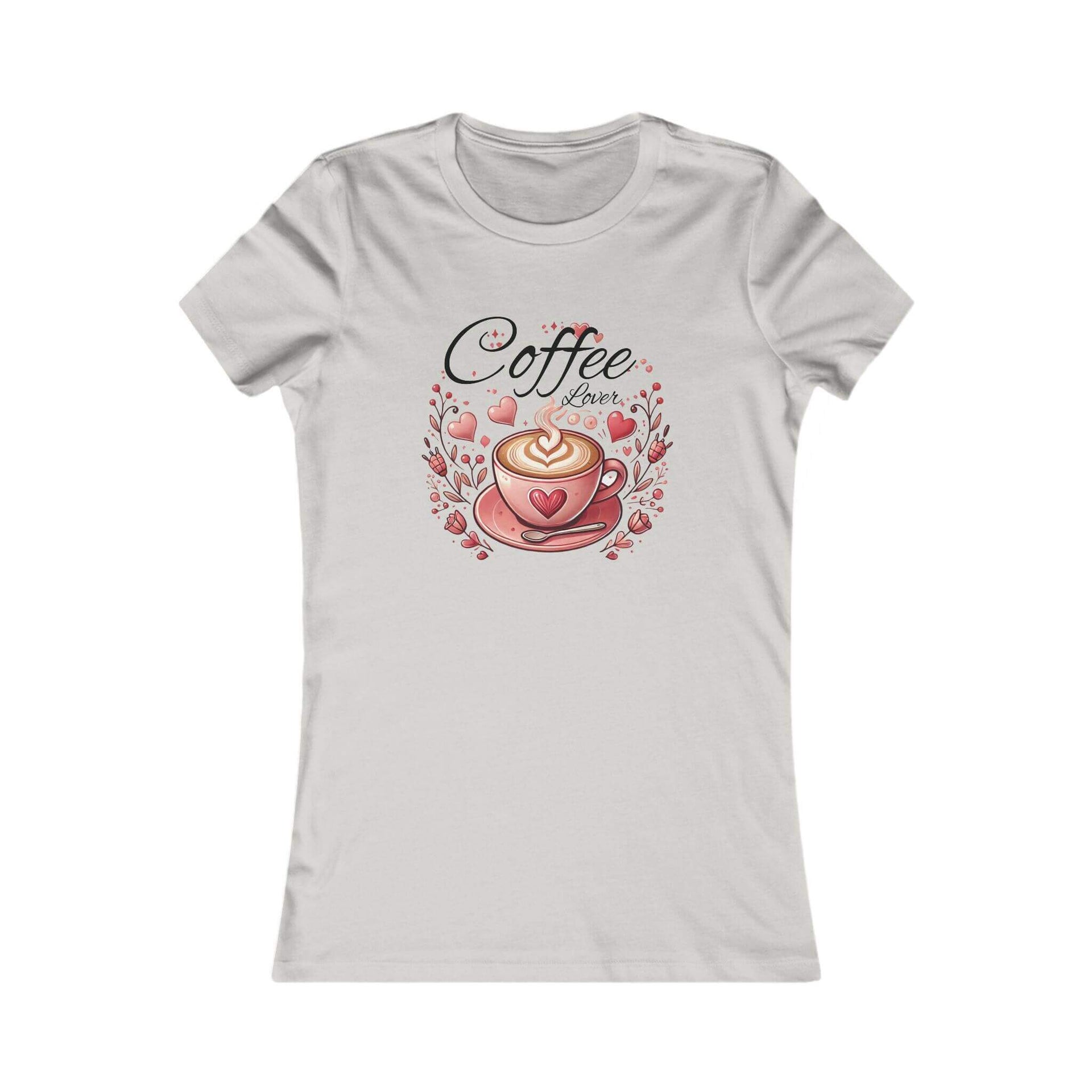 White t-shirt with a coffee-themed design on a white background