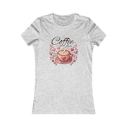 Gray t-shirt with a coffee-themed design on a white background