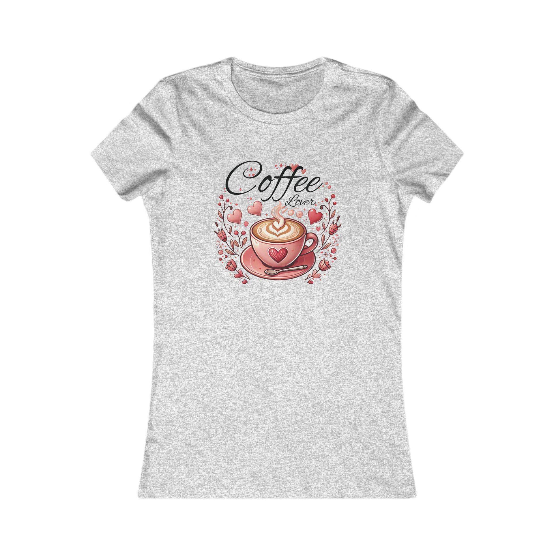 Gray t-shirt with a coffee-themed design on a white background