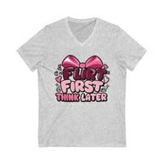 Gray t-shirt with pink and red graphic design on a white background