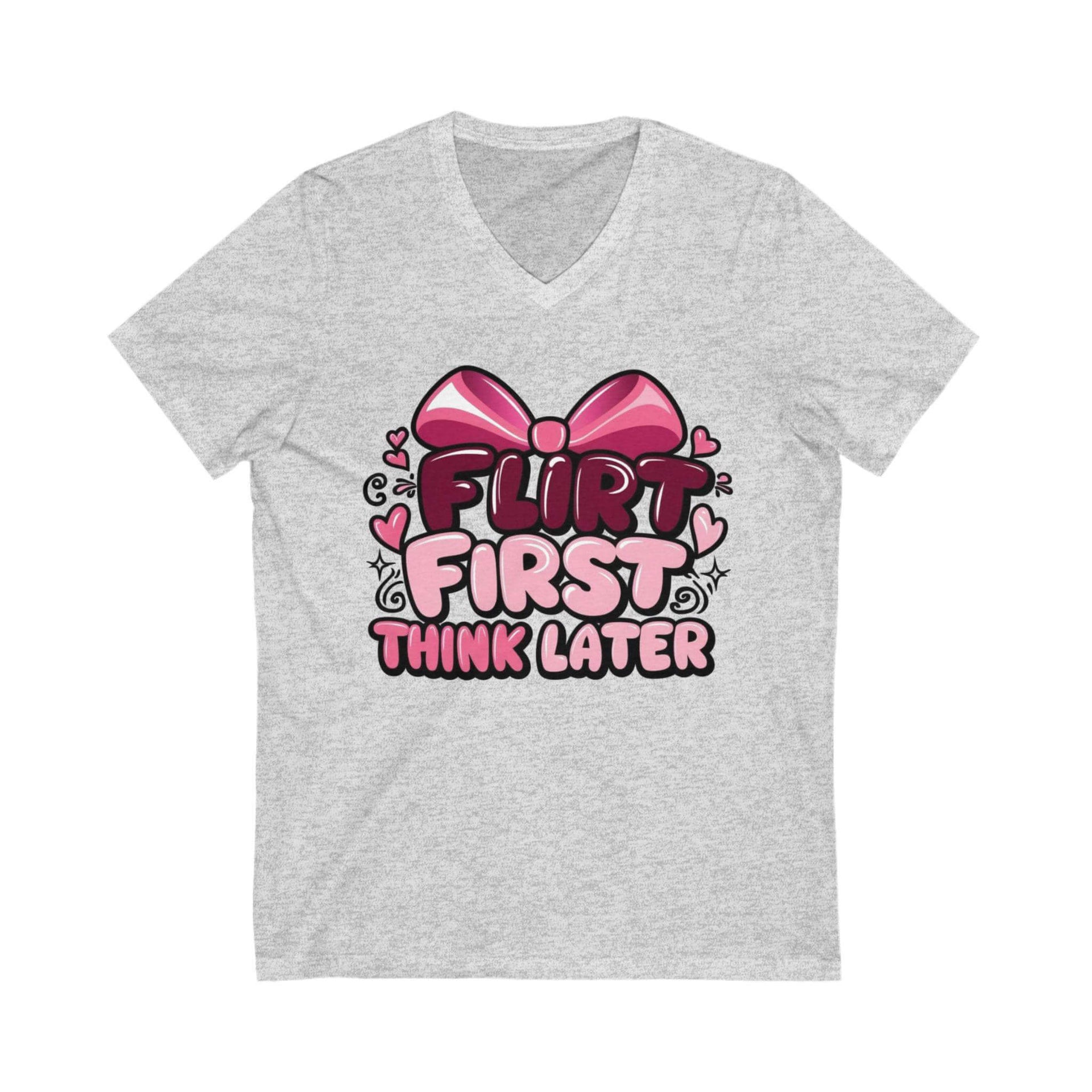 Gray t-shirt with pink and red graphic design on a white background