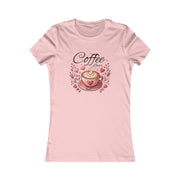 Pink t-shirt with a coffee-themed design on a white background