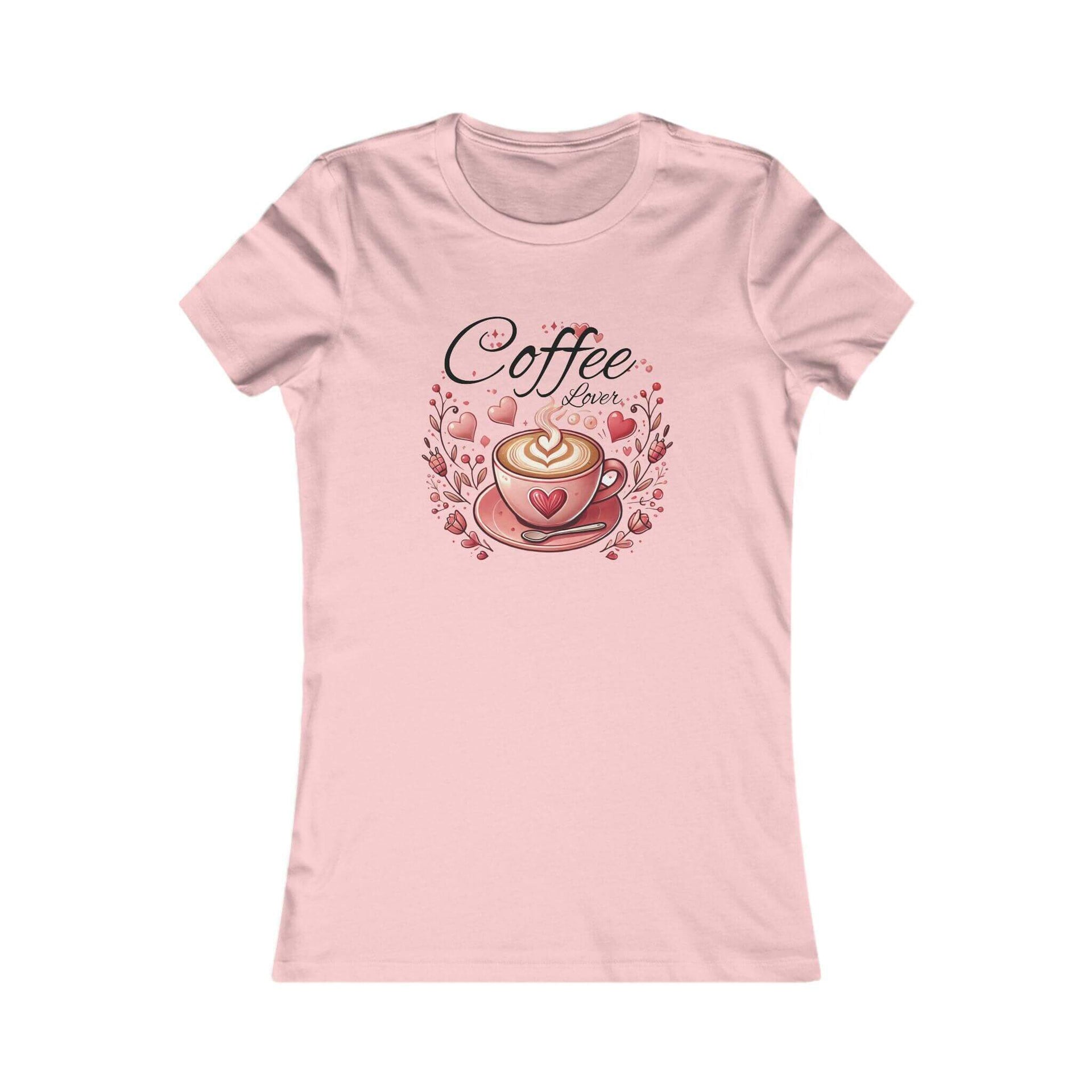 Pink t-shirt with a coffee-themed design on a white background