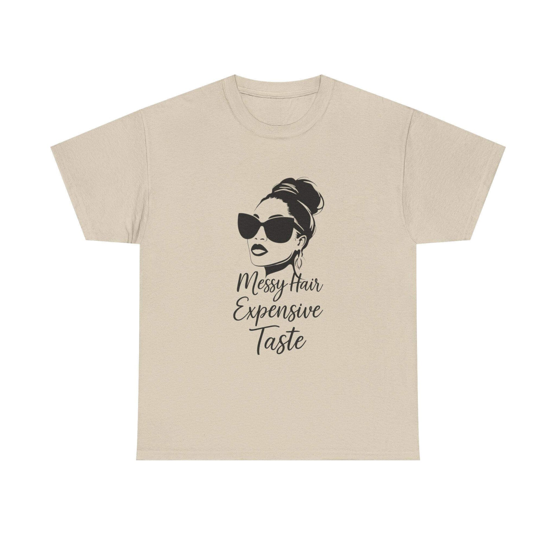 Beige t-shirt with a graphic of a woman with sunglasses and text on a white background