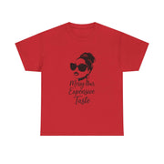 Red t-shirt with a graphic of a woman's face and text on a white background