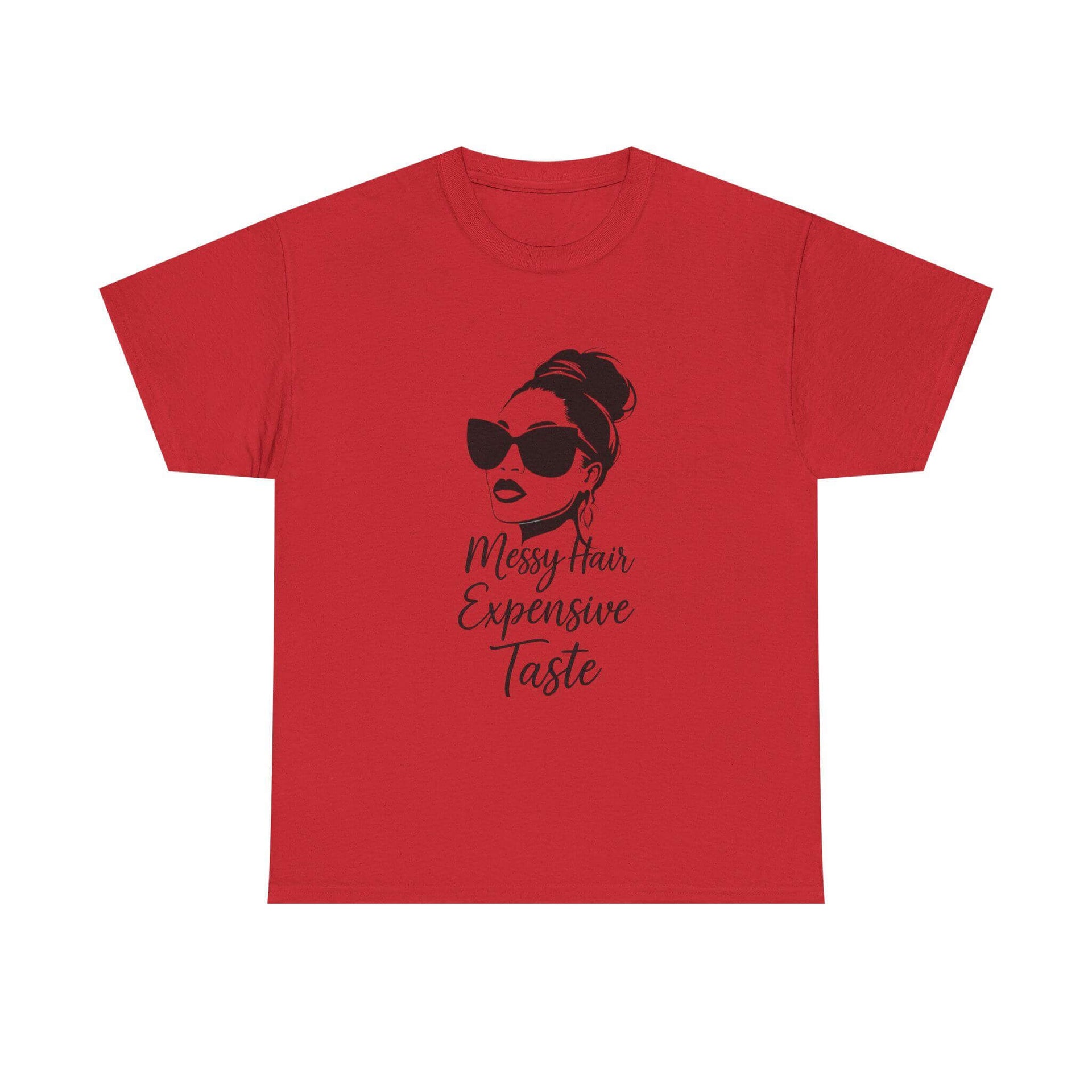 Red t-shirt with a graphic of a woman's face and text on a white background
