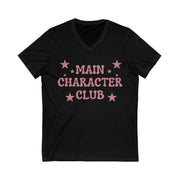 Black t-shirt with pink 'Main Character Club' text and stars on a white background