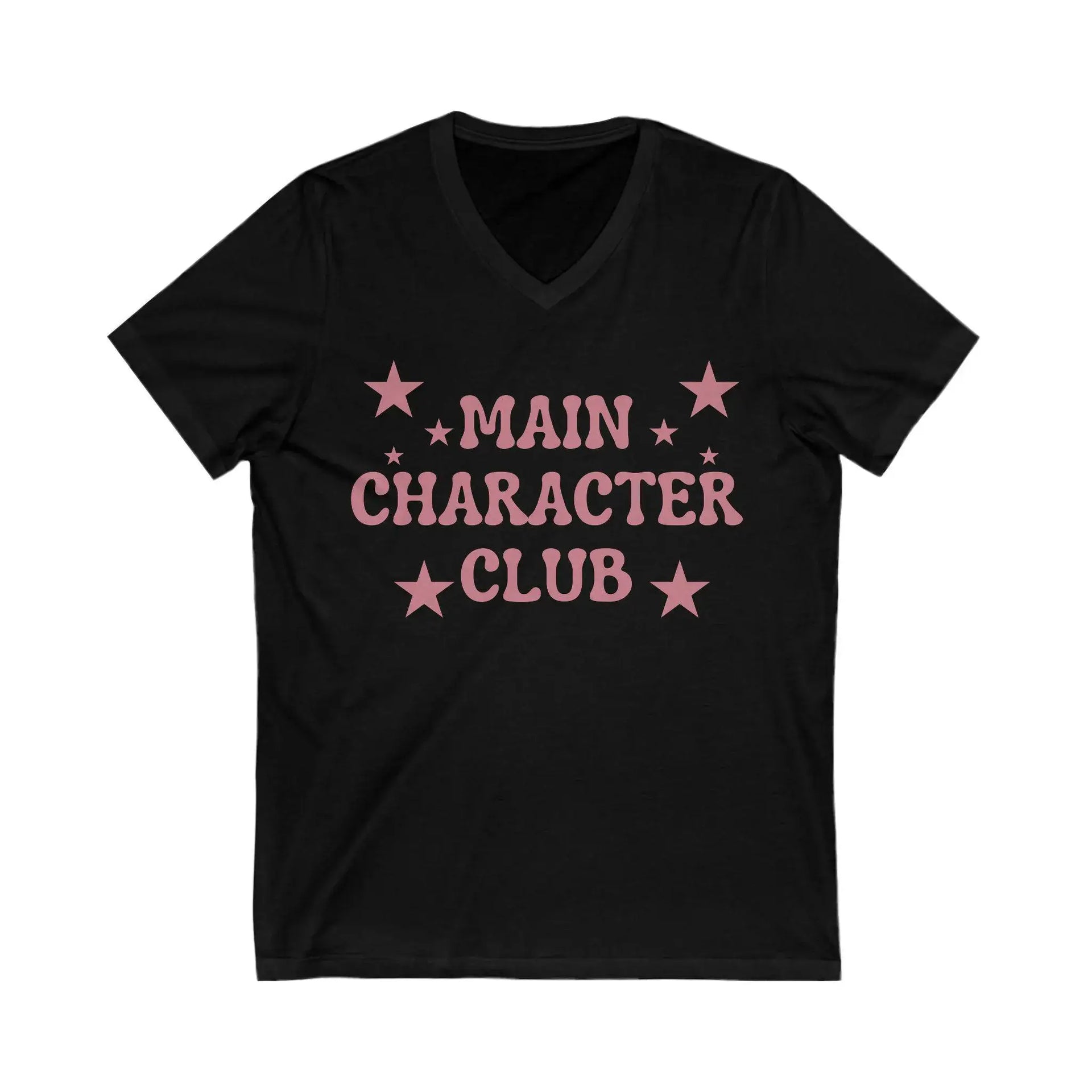 Black t-shirt with pink 'Main Character Club' text and stars on a white background