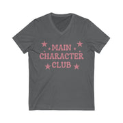 Gray t-shirt with 'Main Character Club' text and stars on a white background