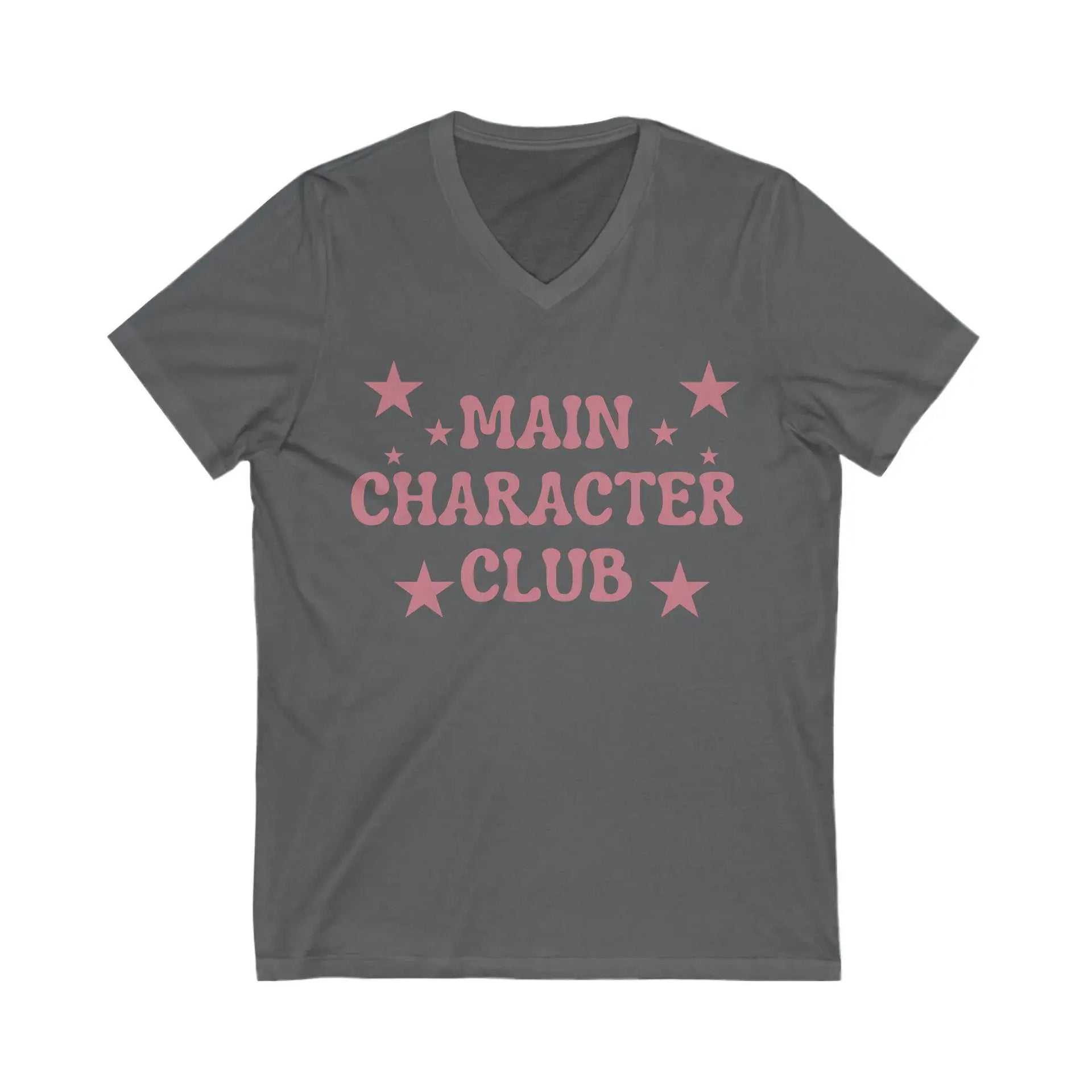 Gray t-shirt with 'Main Character Club' text and stars on a white background