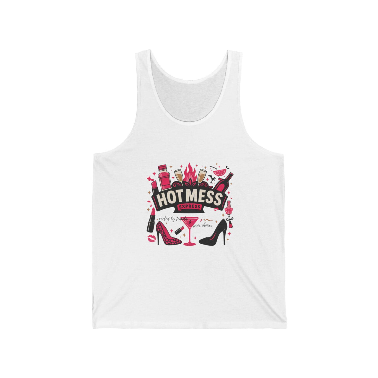 White tank top with 'Hot Mess' graphic design on a white background