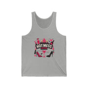 Gray tank top with 'Hot Mess' graphic design on a white background