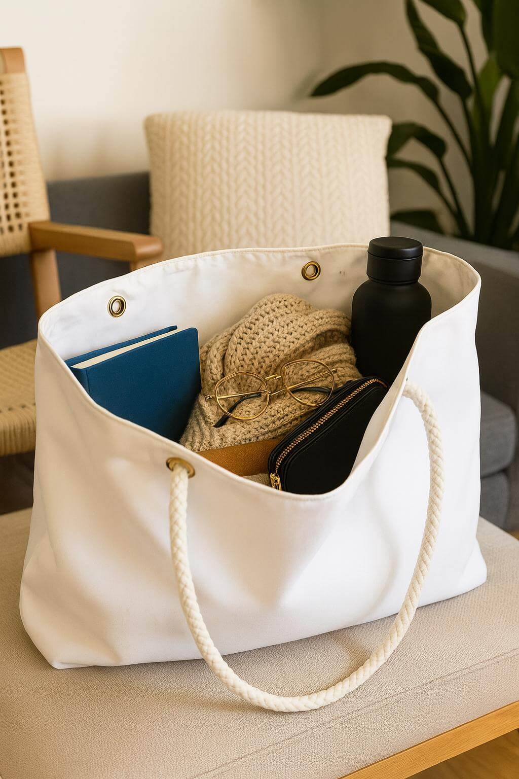 White tote bag with items on a chair