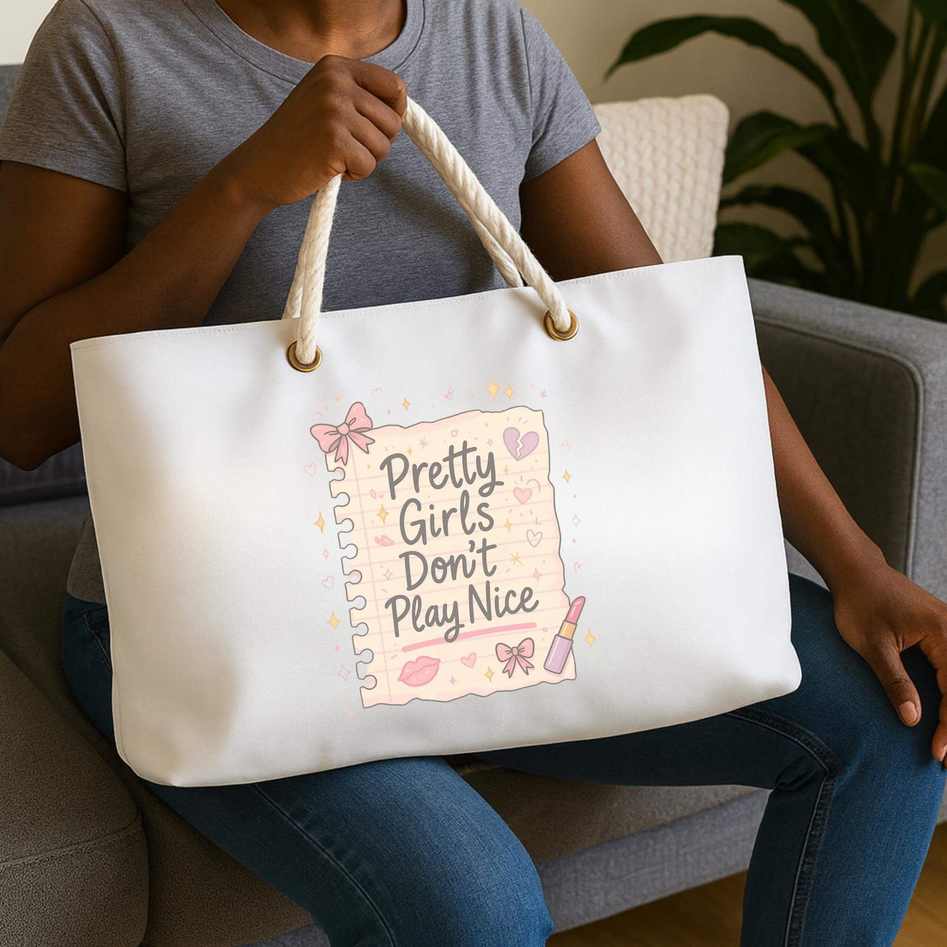 Person holding a tote bag with 'Pretty Girls Don't Play Nice' text and graphics.