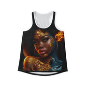Tank top with a graphic design of a woman with artistic makeup on a white background
