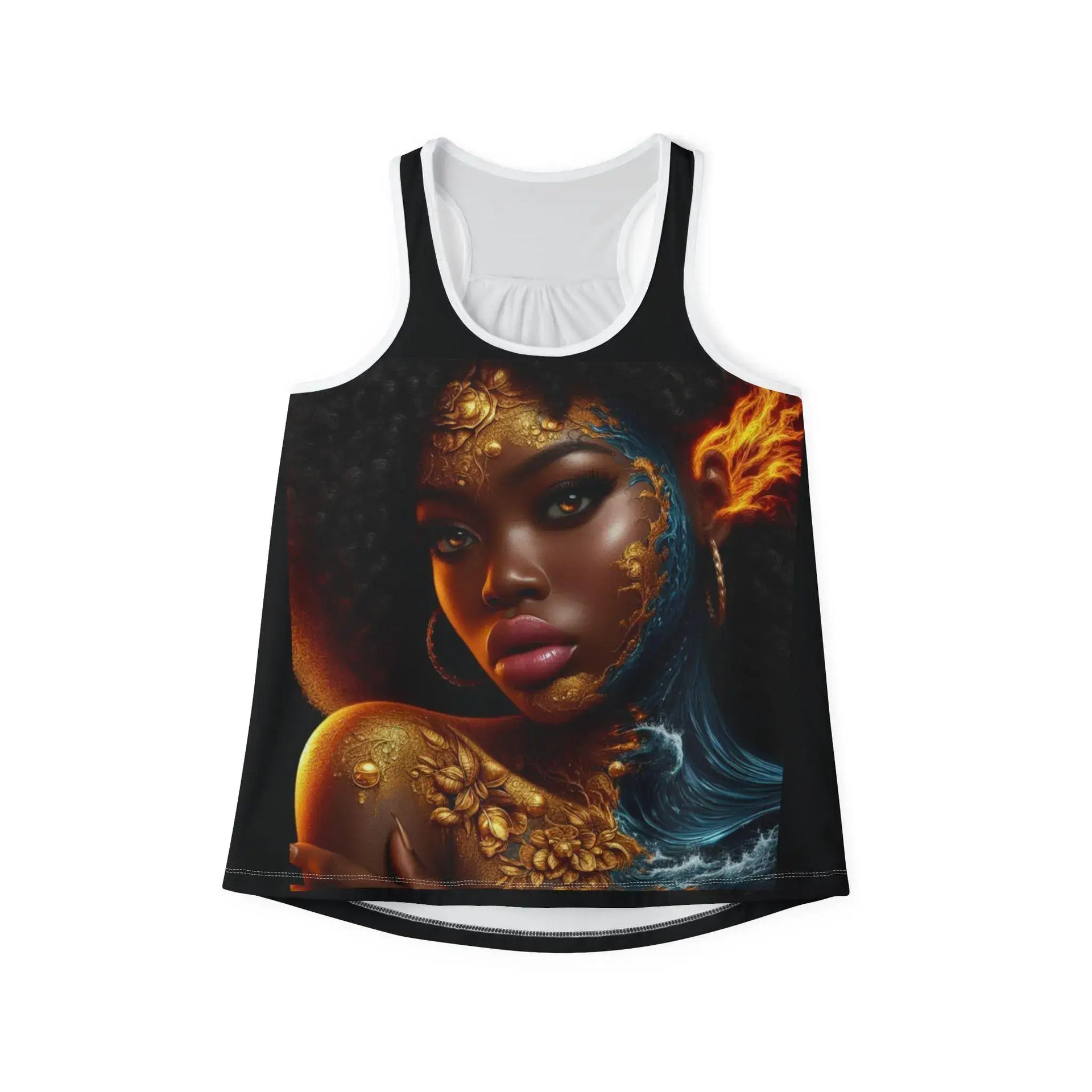 Tank top with a graphic design of a woman with artistic makeup on a white background