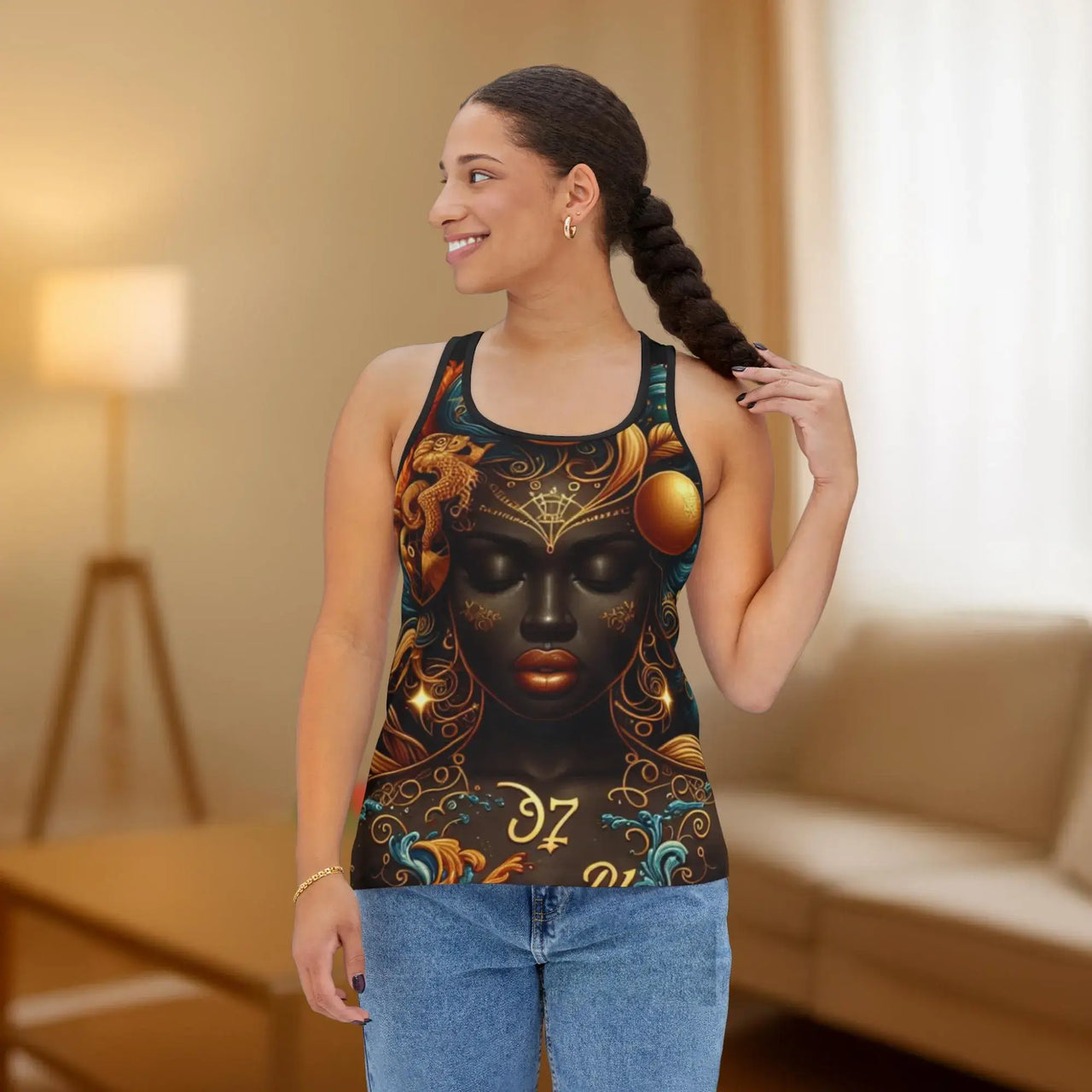Celestial Beauty Racerback Tank | Cosmic Goddess Afrocentric All-Over Print Top
