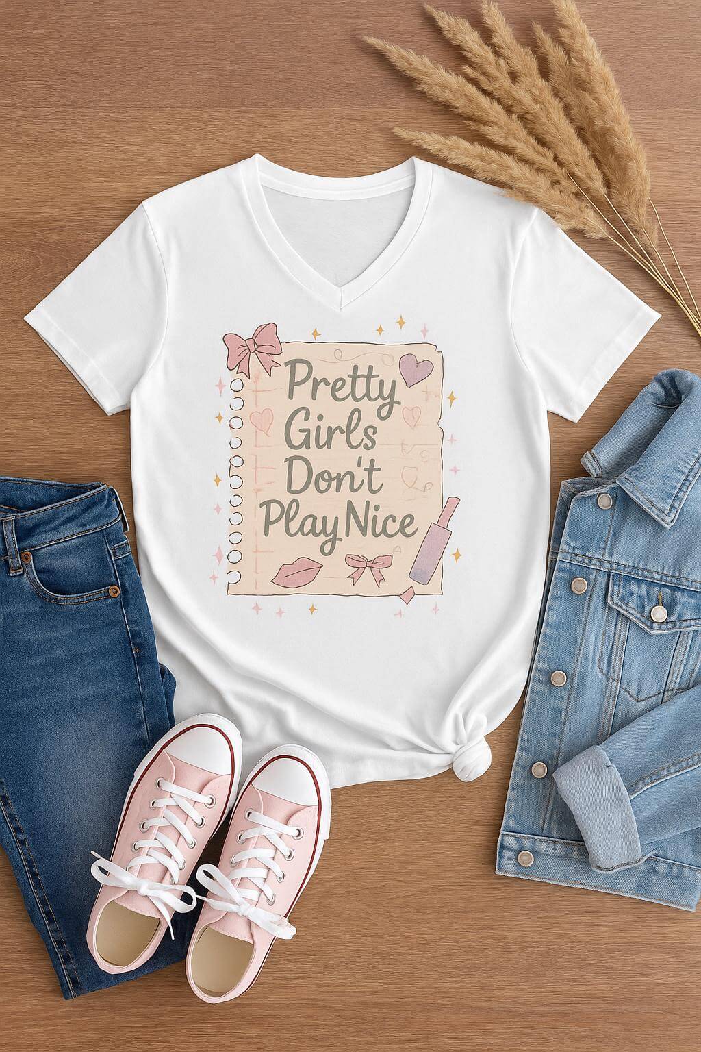 White t-shirt with 'Pretty Girls Don't Play Nice' graphic on a wooden surface with jeans and shoes.